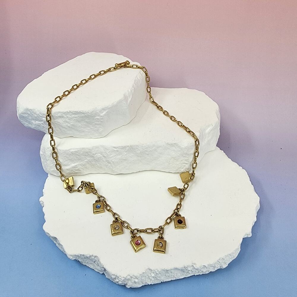 Gold Tone Square Charm Necklace Multicolor Stone Vintage Boho Y2K Statement